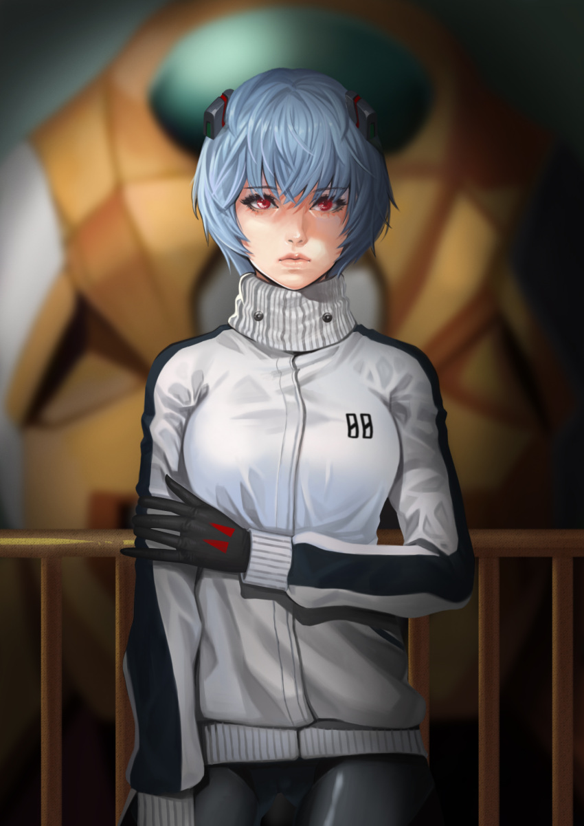 1girl arm_across_chest arm_at_side ayanami_rei black_gloves black_pants blue_hair dereiope gloves highres jacket neon_genesis_evangelion pants red_eyes short_hair solo standing