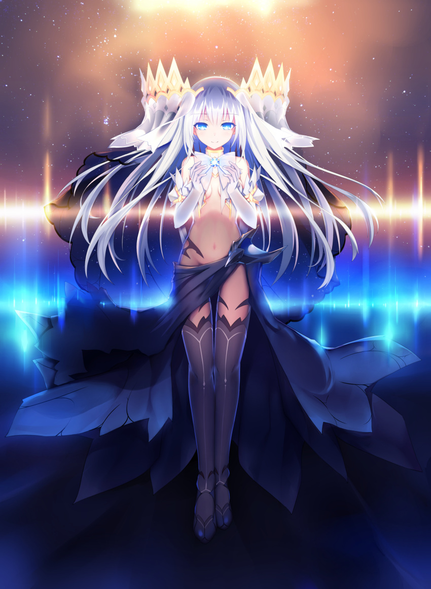 1girl absurdres aoi_kao_(lsz7106) bare_shoulders blue_dress blue_eyes blue_legwear bow breasts commentary_request crown date_a_live dress elbow_gloves full_body gloves highres long_hair navel revealing_clothes silver_hair sky small_breasts smile solo star_(sky) starry_sky thigh-highs tobiichi_origami veil very_long_hair white_bow white_gloves
