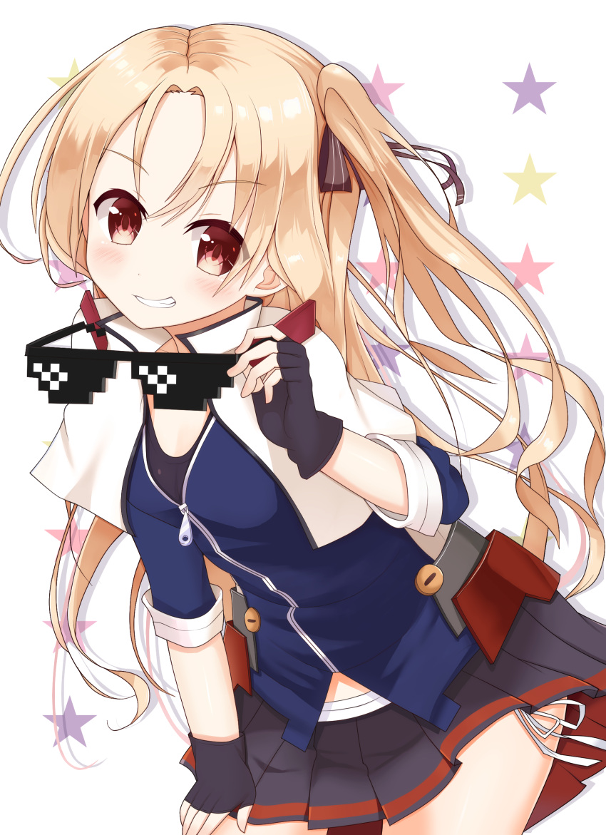 1girl absurdres azur_lane bangs black_bow black_gloves black_ribbon black_shirt black_skirt blue_jacket blush bow capelet cleveland_(azur_lane) commentary_request deal_with_it eyebrows_visible_through_hair fingerless_gloves gloves grin hair_between_eyes hair_bow hair_ribbon hand_on_leg highres holding_eyewear jacket kyuujou_komachi looking_at_viewer one_side_up panties pleated_skirt red_eyes ribbon shirt short_sleeves side-tie_panties simple_background skirt smile solo star starry_background sunglasses underwear white_background white_capelet