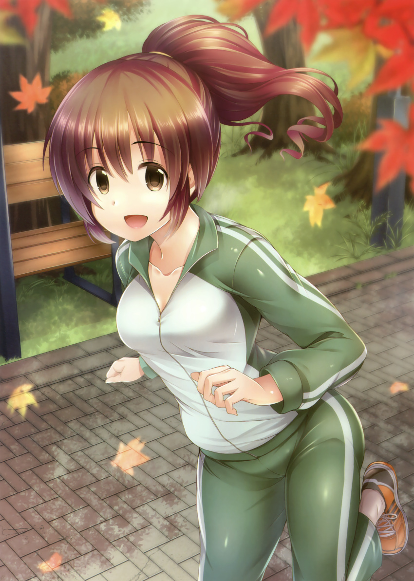 1girl :d absurdres artist_request autumn_leaves breasts brown_eyes brown_hair cleavage collarbone eyebrows_visible_through_hair floating_hair green_pants gym_uniform hair_between_eyes highres long_hair medium_breasts open_mouth original outdoors pants partially_unzipped ponytail running smile solo white_legwear