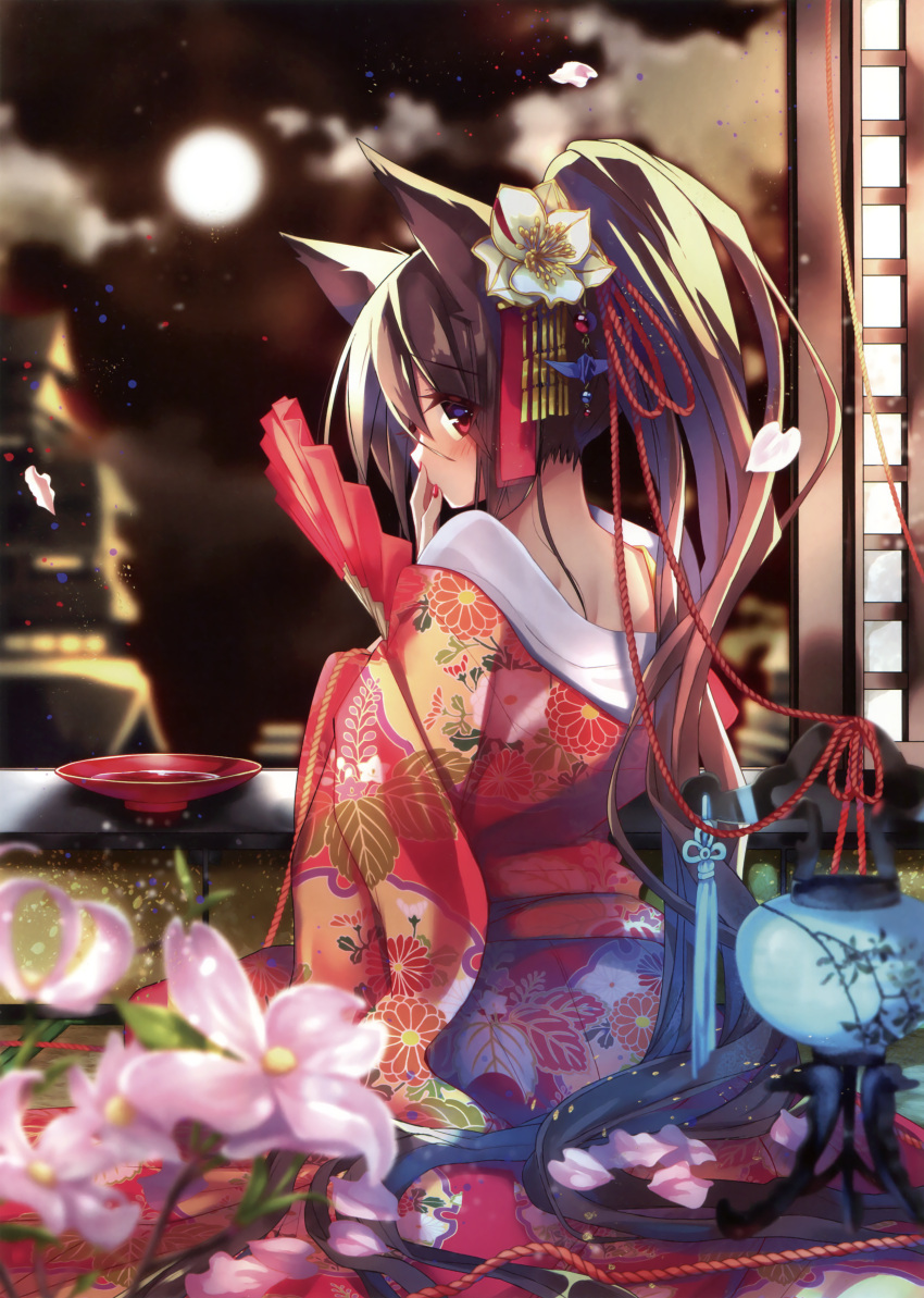 1girl absurdres animal_ears blush brown_hair cup eyebrows_visible_through_hair fan floral_print flower fox_ears full_moon hair_between_eyes hair_flower hair_ornament hair_ribbon high_ponytail highres holding holding_fan japanese_clothes kimono long_hair looking_at_viewer looking_back moon nail_polish nekoboshi_sakko night original petals red_eyes red_kimono red_nails red_ribbon ribbon sakazuki solo very_long_hair white_flower yukata