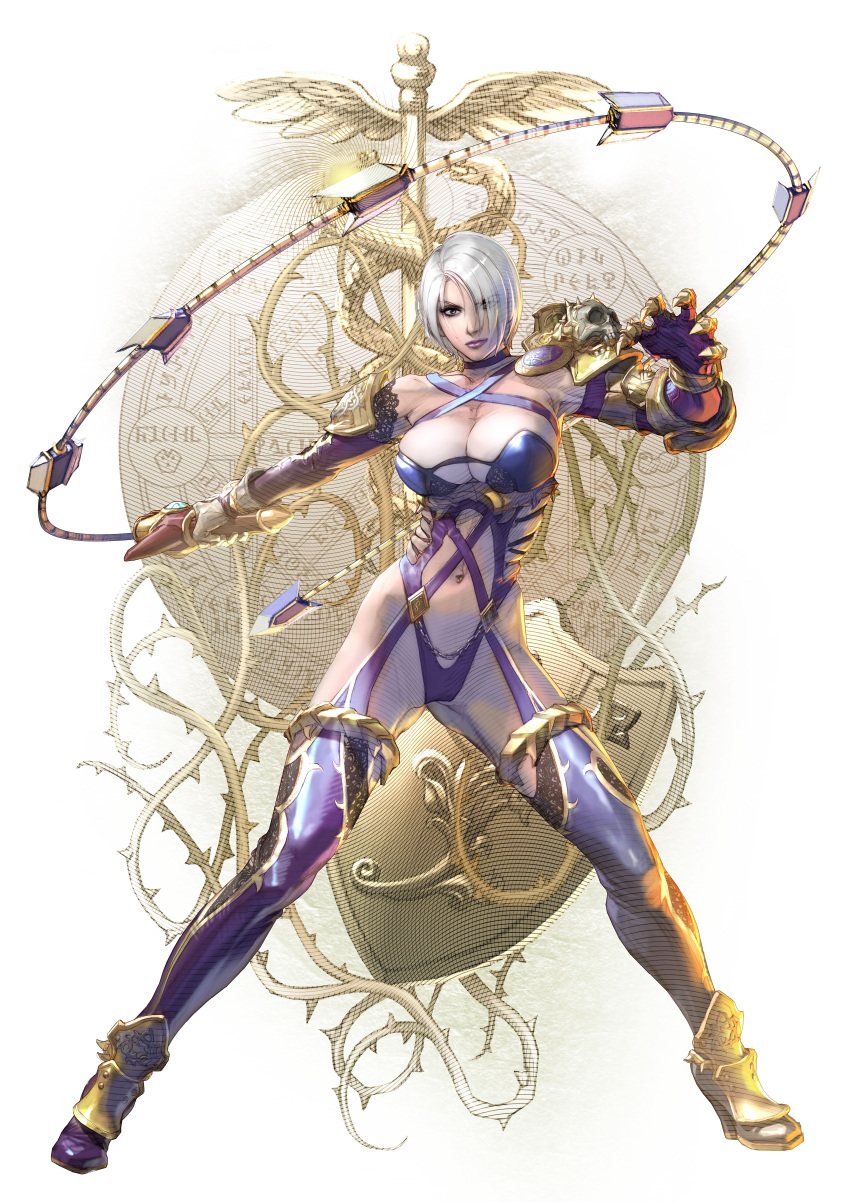1girl absurdres breasts closed_mouth female fighting_stance full_body gauntlets hair_over_one_eye highres holding holding_weapon holding_whip huge_breasts isabella_valentine kawano_takuji lipstick looking_at_viewer makeup official_art purple_legwear purple_lipstick revealing_clothes solo soul_calibur sword weapon whip whip_sword white_hair