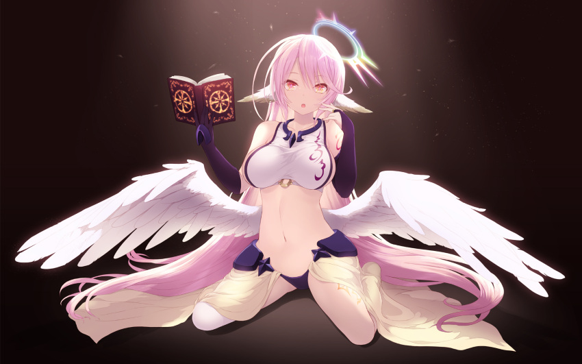 1girl :o bangs bare_legs bare_shoulders black_gloves blush book breasts bridal_gauntlets cait collarbone crop_top elbow_gloves feathered_wings gloves halo hand_up highres holding holding_book jibril_(no_game_no_life) large_breasts long_hair looking_at_viewer low_wings navel no_game_no_life o-ring open_book open_mouth pink_eyes pink_hair revision ringed_eyes sideboob single_elbow_glove single_glove sitting solo spotlight stomach straight_hair very_long_hair waist_cape wariza white_wings wings yellow_eyes