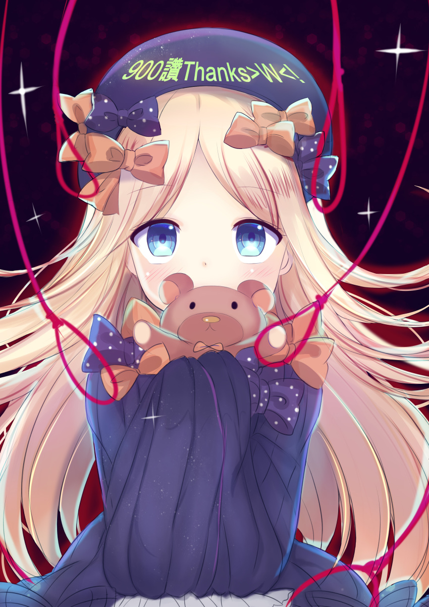 1girl abigail_williams_(fate/grand_order) absurdres bangs black_bow black_dress black_hat blonde_hair blue_eyes blush bow butterfly commentary_request covered_mouth dress eyebrows_visible_through_hair fate/grand_order fate_(series) followers hair_bow hat highres long_hair long_sleeves looking_at_viewer lydia601304 noose object_hug orange_bow parted_bangs polka_dot polka_dot_bow sleeves_past_fingers sleeves_past_wrists solo stuffed_animal stuffed_toy teddy_bear thank_you very_long_hair