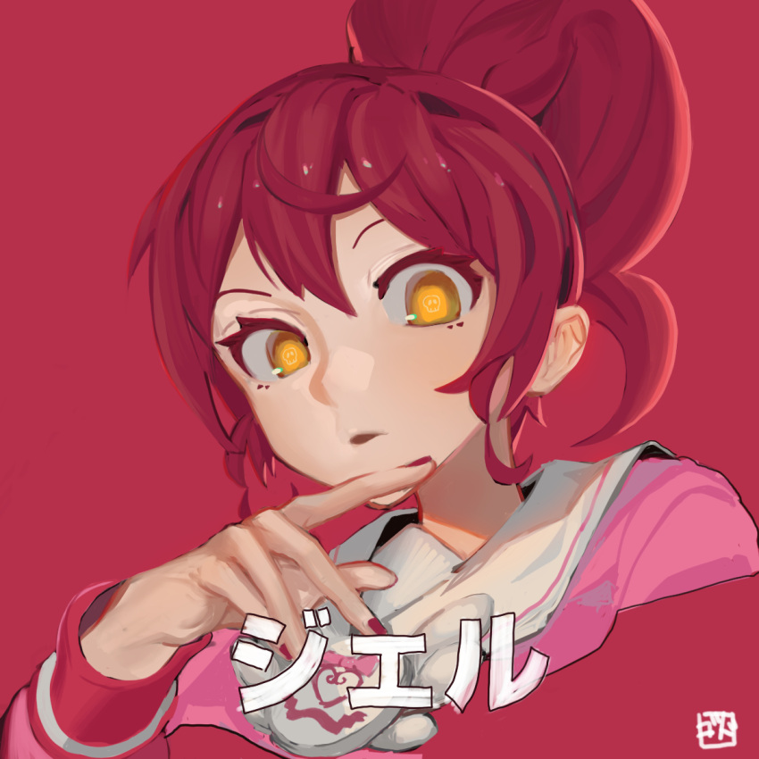 1girl bangs commentary_request fingernails godsh0t hand_up highres japanese_clothes kimono nail_polish parted_lips ponytail pripara red_background red_nails redhead shiratama_mikan signature simple_background skull-shaped_pupils solo symbol-shaped_pupils yellow_eyes