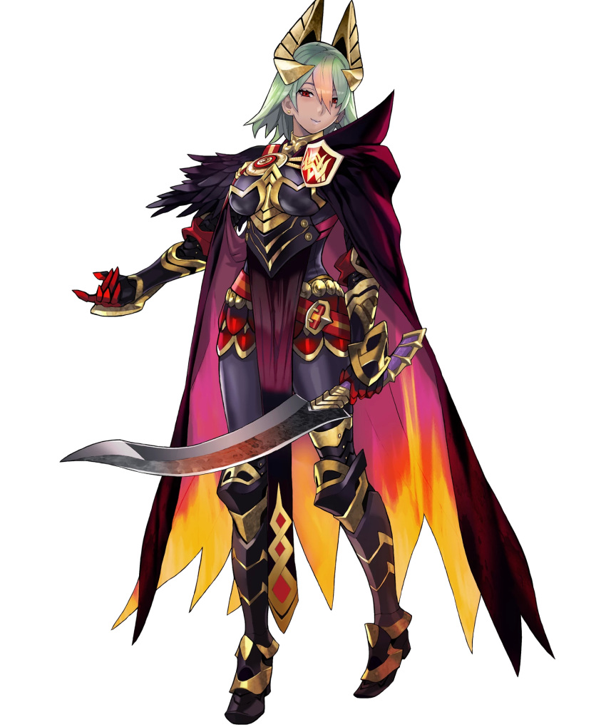 1girl armor armored_boots bangs belt boots breastplate cape dark_skin earrings feather_trim fire_emblem fire_emblem_heroes full_body gauntlets gradient_hair green_hair hair_ornament highres holding holding_sword holding_weapon jewelry laegjarn_(fire_emblem_heroes) lips lipstick long_sleeves looking_at_viewer maeshima_shigeki makeup multicolored_hair official_art orange_hair pantyhose pelvic_curtain red_eyes short_hair skirt smile solo standing sword transparent_background weapon