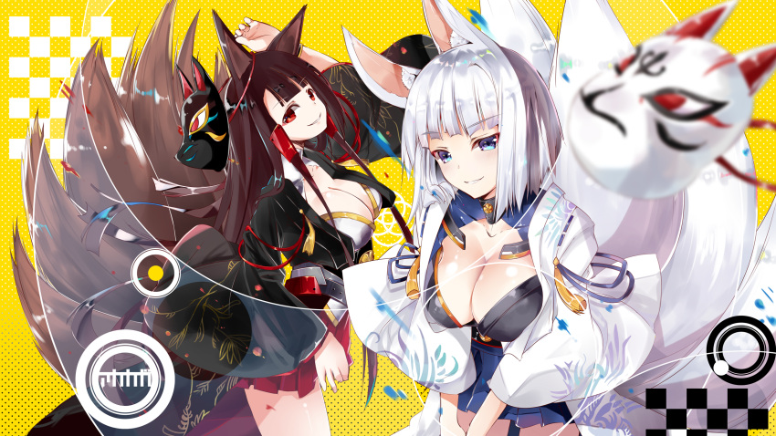 2girls akagi_(azur_lane) animal_ears arm_up azur_lane bangs black_kimono blue_eyes blue_skirt blurry blurry_foreground breasts brown_hair cleavage commentary_request depth_of_field eyebrows_visible_through_hair fox_ears fox_girl fox_mask fox_tail highres itotin japanese_clothes kaga_(azur_lane) kimono kitsune kyuubi large_breasts long_hair long_sleeves looking_at_viewer mask mask_removed multiple_girls multiple_tails parted_lips pleated_skirt red_eyes red_skirt silver_hair skirt smile tail very_long_hair white_kimono wide_sleeves