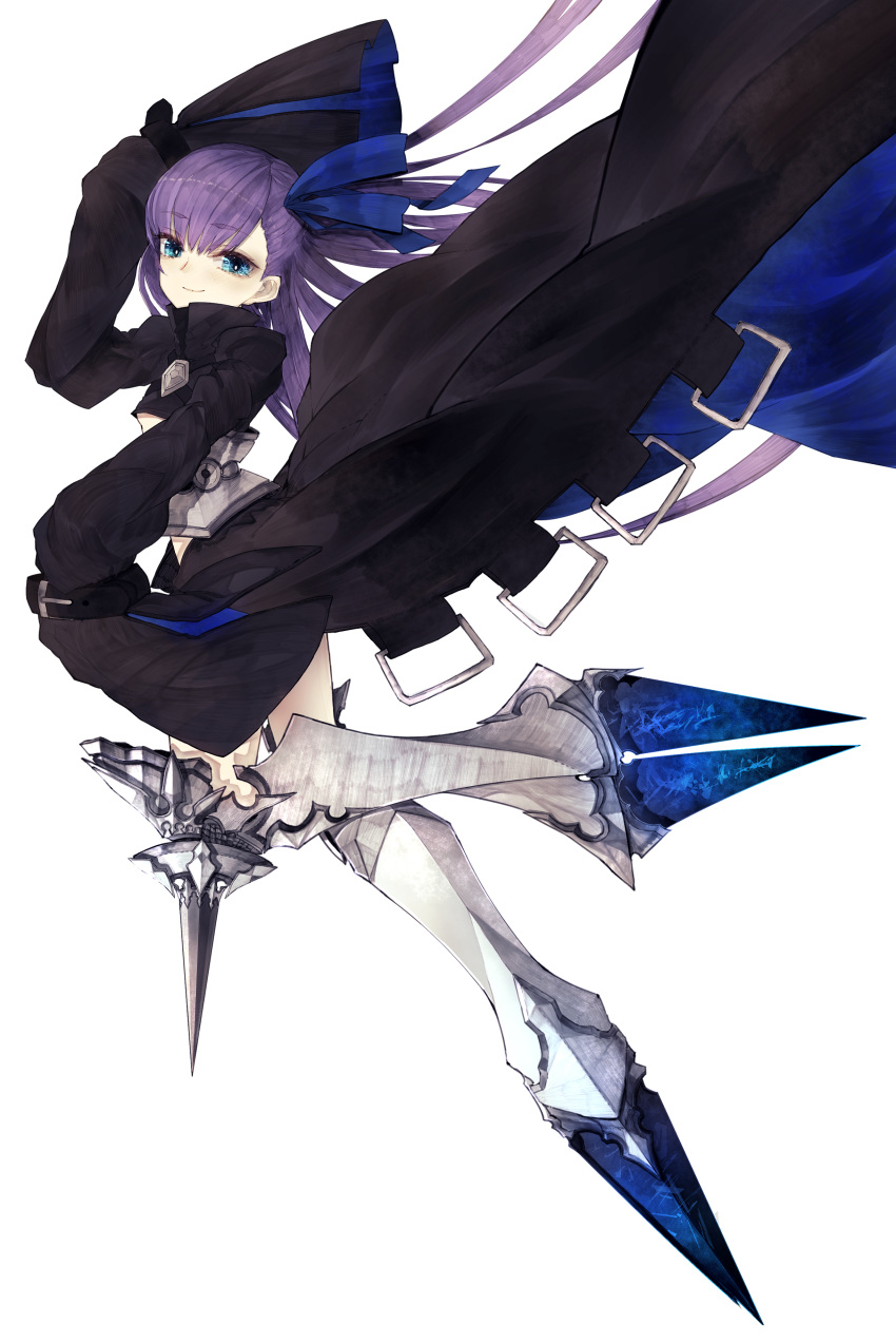 1girl absurdres armor armored_boots bangs black_coat blue_eyes boots closed_mouth eyebrows_visible_through_hair fate/grand_order fate_(series) floating_hair from_side hand_up hands_in_sleeves highres leg_up long_hair looking_at_viewer meltlilith purple_hair riuichi simple_background smile solo very_long_hair white_background