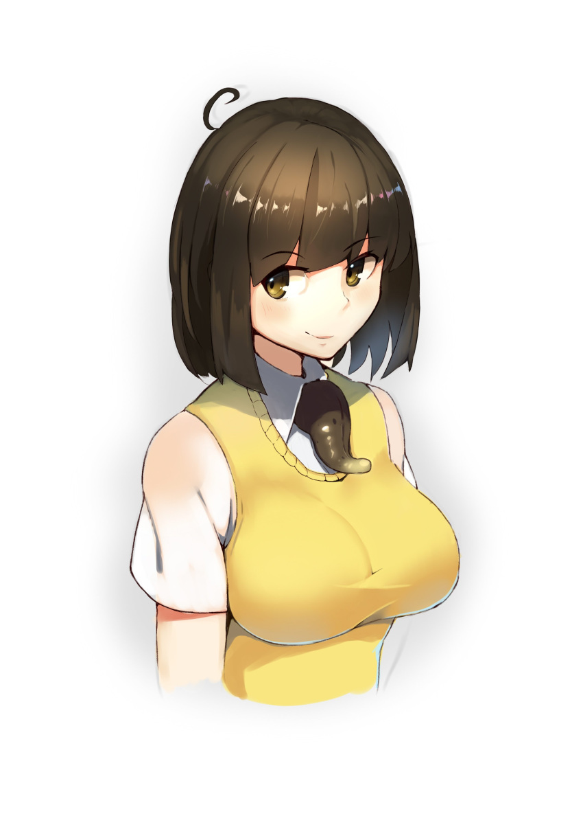 1girl absurdres ahoge blush breasts brown_eyes brown_hair closed_mouth extra_tongue eyebrows_visible_through_hair highres kion-kun large_breasts looking_at_viewer original school_uniform shirt short_sleeves simple_background smile solo upper_body vest white_background white_shirt yellow_vest