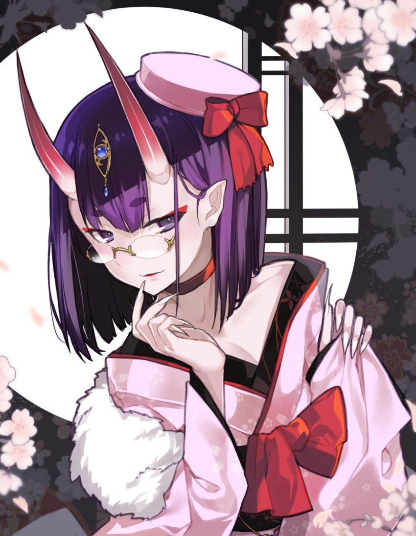 1girl bangs bare_shoulders bow cherry_blossoms choker collarbone commentary_request eyebrows_visible_through_hair fate/grand_order fate_(series) fingernails glasses hair_ornament hat hat_bow highres hitoshi horns japanese_clothes kimono long_fingernails long_sleeves mini_hat oni oni_horns parted_lips pinching_sleeves pink_hat purple_hair red_bow red_choker shuten_douji_(fate/grand_order) smile solo thick_eyebrows violet_eyes white_kimono wide_sleeves