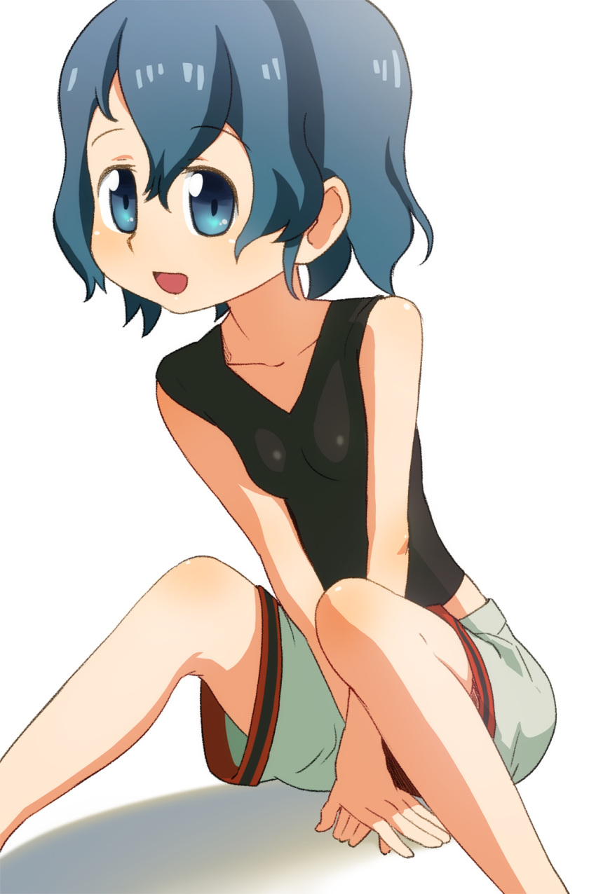 1girl :d between_legs black_shirt blue_eyes commentary_request hair_between_eyes hand_between_legs highres kaban_(kemono_friends) kemono_friends no_hat no_headwear open_mouth sat-c shirt shorts simple_background sitting smile solo undershirt white_background white_shorts
