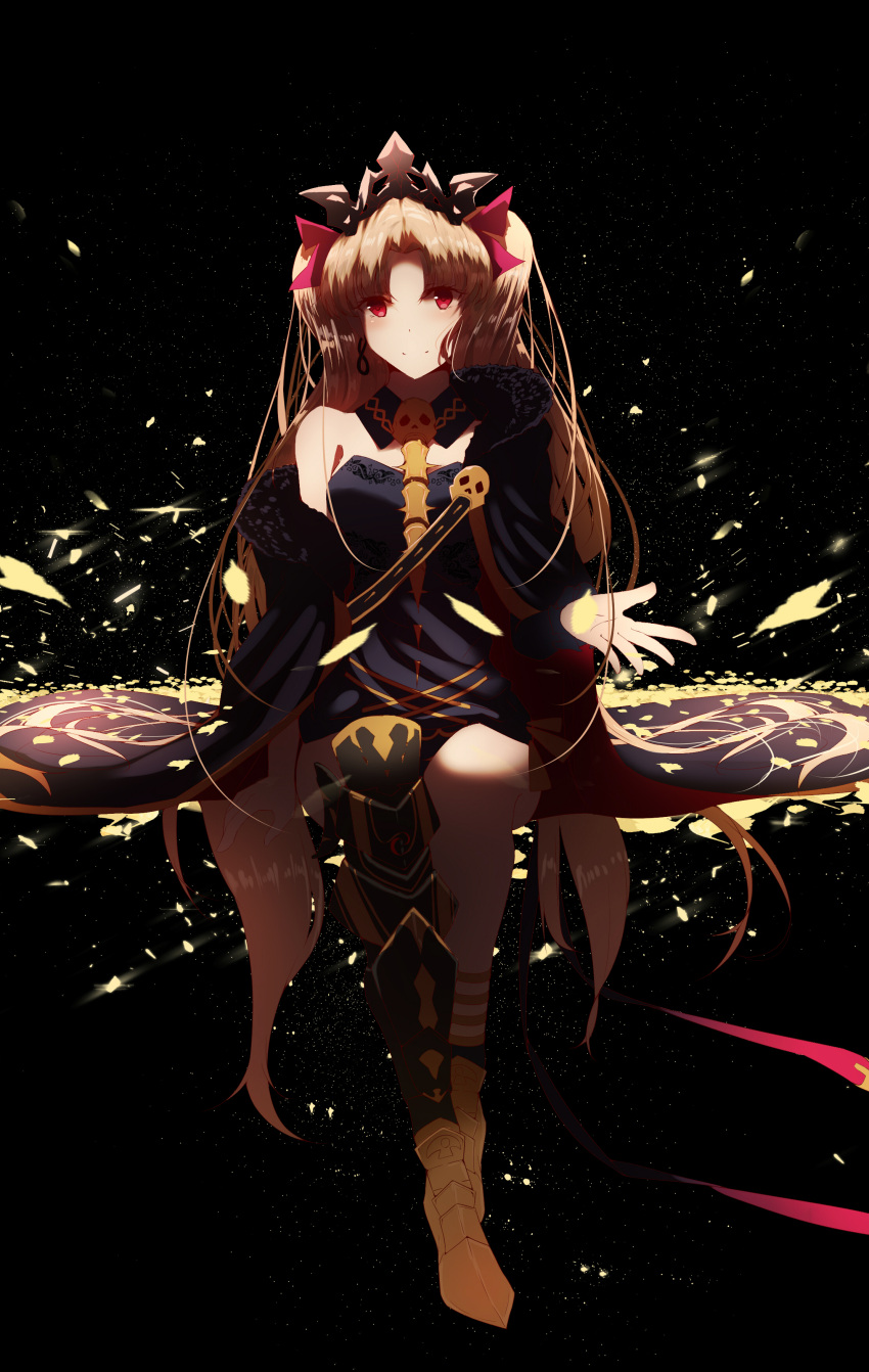 1girl absurdres armor armored_boots bangs black_cape black_collar black_dress blonde_hair blush boots bow breasts cape closed_mouth commentary_request detached_collar dress earrings ereshkigal_(fate/grand_order) fate/grand_order fate_(series) fur-trimmed_cape fur_trim hair_bow highres infinity jewelry long_hair long_sleeves looking_at_viewer medium_breasts multicolored multicolored_cape multicolored_clothes parted_bangs purple_bow re:rin red_cape red_eyes single_detached_sleeve single_knee_boot sitting skull smile solo space spine star_(sky) strapless strapless_dress tiara two_side_up very_long_hair yellow_footwear