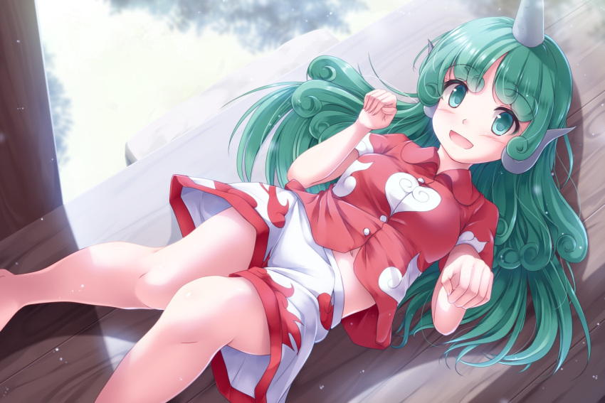 1girl :d bare_legs cloud_print commentary_request curly_hair day green_eyes green_hair horn kariyushi_shirt komano_aun long_hair looking_at_viewer lzh navel open_mouth paw_pose red_shirt shirt shorts smile solo touhou white_shorts