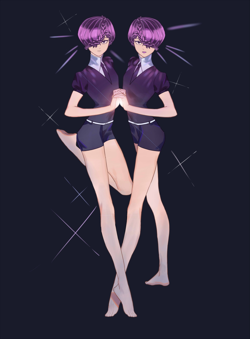 absurdres amethyst_(houseki_no_kuni) androgynous barefoot braid gem_uniform_(houseki_no_kuni) hair_over_one_eye hand_holding highres houseki_no_kuni looking_at_viewer necktie purple_hair shorts siblings twins violet_eyes