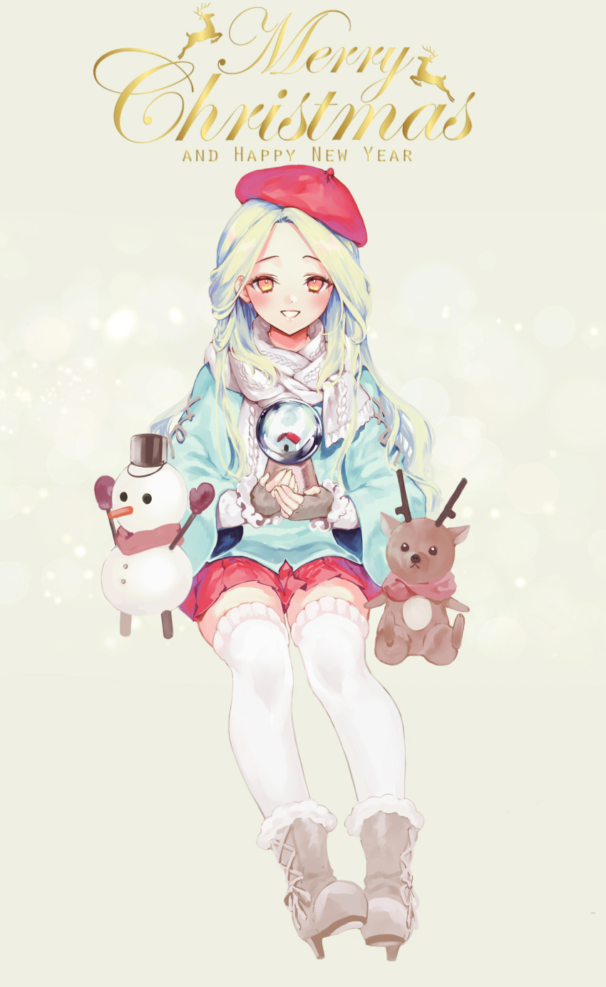 1girl absurdres beret black_joa blonde_hair blue_coat boots christmas commentary cursive doll fingerless_gloves full_body gloves happy_new_year hat high_heel_boots high_heels highres long_hair merry_christmas new_year original red_eyes red_skirt reindeer reindeer_plushie scarf sitting skirt smile snow snow_globe snowman solo thigh-highs white_legwear yellow_background zettai_ryouiki