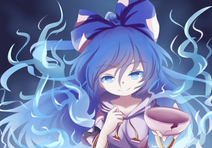 1girl aura bangle blue_background blue_eyes blue_hair bow bowl bracelet colored_eyelashes curled_fingers dior-zi drawstring eyebrows_visible_through_hair gradient gradient_background hair_bow hand_on_own_chest highres hood hoodie jewelry long_sleeves looking_at_viewer outstretched_hand ponytail short_hair smile solo touhou upper_body yorigami_shion