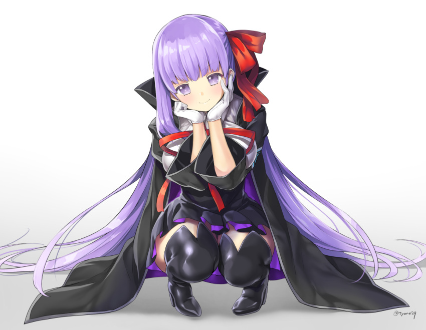 &gt;:) 1girl arm_support bangs bb_(fate/extra_ccc) black_cape black_footwear black_legwear black_skirt boots bow breasts cape closed_mouth commentary_request eyebrows_visible_through_hair fate/extra fate/extra_ccc fate_(series) gloves hair_bow head_tilt high_heel_boots high_heels large_breasts long_hair long_sleeves looking_at_viewer pleated_skirt purple_hair red_bow red_ribbon ribbon shirt skirt smile solo squatting thigh-highs thigh_boots twitter_username v-shaped_eyebrows very_long_hair violet_eyes white_gloves white_shirt wide_sleeves yyo