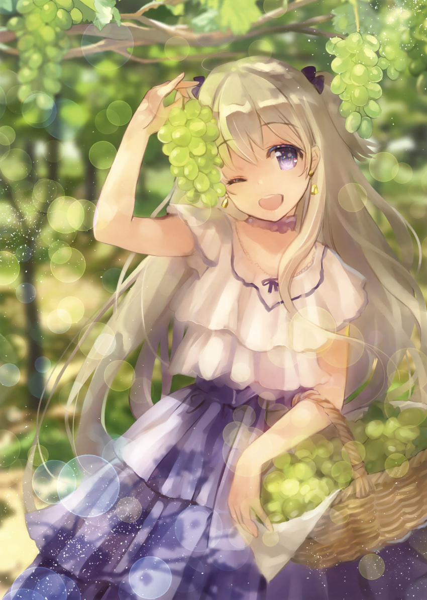 1girl ;d absurdres black_bow blonde_hair blue_dress blue_skirt bow day dress earrings floating_hair food fruit grapes hair_bow highres holding holding_fruit jewelry layered layered_dress lens_flare long_hair looking_at_viewer naruse_chisato one_eye_closed open_mouth original outdoors shirt skirt smile solo standing very_long_hair violet_eyes white_shirt