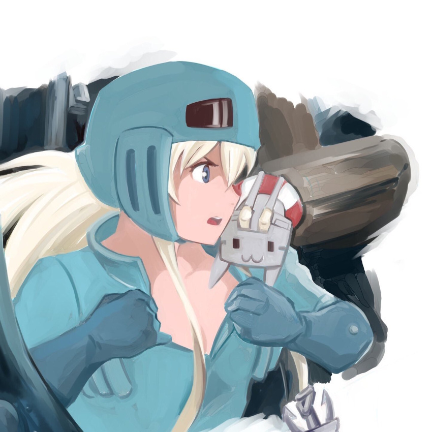 1girl anchor_hair_ornament blonde_hair commentary_request gloves green_eyes hair_ornament helmet highres inoue_kousei kantai_collection kaze_no_tani_no_nausicaa lifebuoy long_hair nausicaa_(cosplay) open_clothes open_mouth pilot_suit rensouhou-chan shimakaze_(kantai_collection) sidelocks sitting_on_shoulder