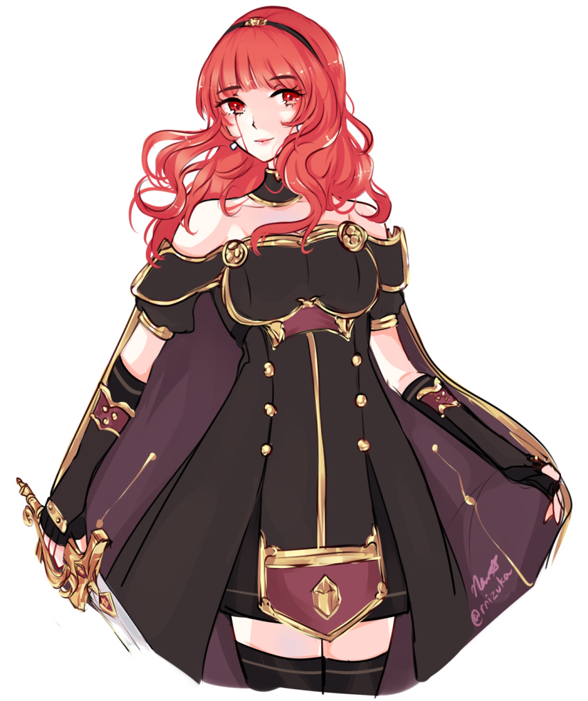 1girl armor black_dress blood blood_on_face bloody_tears cape celica_(fire_emblem) dark_persona dress earrings fingerless_gloves fire_emblem fire_emblem_echoes:_mou_hitori_no_eiyuuou fire_emblem_heroes gloves hair_ornament highres jewelry long_hair nana_(mizukas) red_eyes redhead smile solo tiara