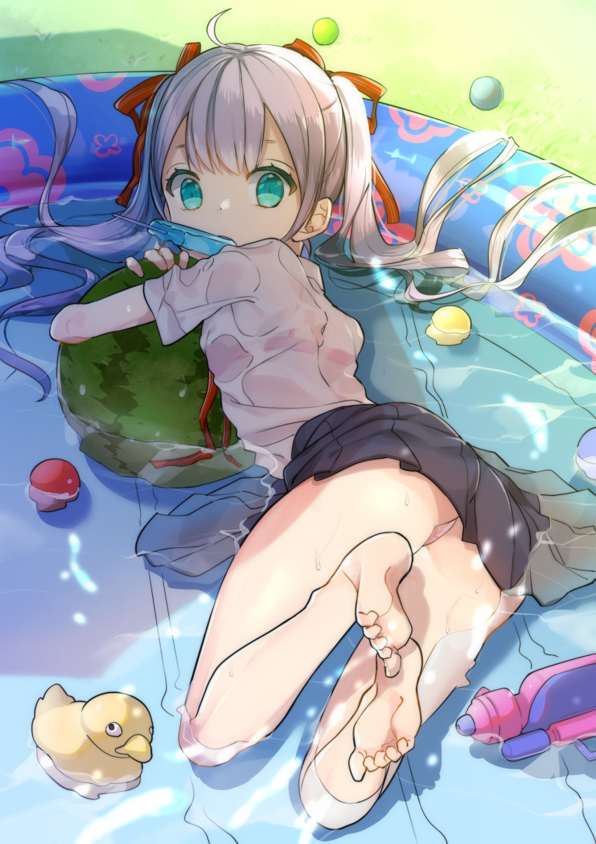 1girl aqua_eyes ball bangs bare_legs barefoot black_skirt bra bralines commentary_request food food_in_mouth fruit hair_ribbon highres long_hair looking_at_viewer looking_back moe2018 mouth_hold object_hug omucchan_(omutyuan) original panties partially_submerged pink_bra pleated_skirt popsicle red_ribbon ribbon see-through shirt short_sleeves silver_hair skirt solo striped striped_panties twintails underwear very_long_hair wading_pool water water_gun watermelon wet wet_clothes wet_shirt white_shirt