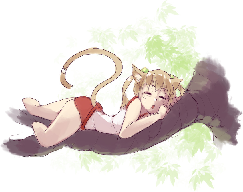 1girl amputee animal_ears blonde_hair branch cat_day cat_ears cat_tail closed_eyes gym_uniform hair_bobbles hair_ornament ibarazaki_emi katawa_shoujo kemonomimi_mode lying no_legs open_mouth red_buruma rtil sketch sleeping solo tail tree_branch twintails whisker_markings