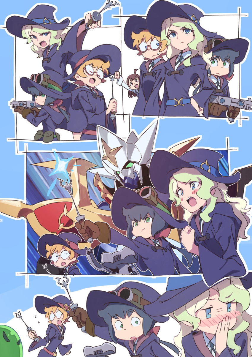 3girls bangs belt blonde_hair blue_eyes blue_hair blush bow character_request closed_mouth commentary_request dress eyebrows_visible_through_hair glasses green_eyes hair_bow hat highres holding little_witch_academia long_sleeves looking_at_viewer mecha multiple_girls opaque_glasses open_mouth orange_hair ponytail pouch purple_dress purple_hat red-framed_eyewear red_bow sanpaku semi-rimless_eyewear short_hair sweatdrop tama under-rim_eyewear wide-eyed wide_sleeves wing_collar