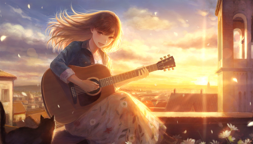 1girl :d acoustic_guitar backlighting bangs black_cat brown_eyes brown_hair cat city clock clock_tower clouds cloudy_sky denim denim_jacket evening eyebrows_visible_through_hair floating_hair floral_print flower guitar highres instrument jacket jewelry lens_flare long_hair long_skirt mountainous_horizon music necklace on_roof open_clothes open_jacket open_mouth original pendant petals playing_instrument print_skirt romiy rooftop scenery sitting skirt sky sleeves_past_elbows smile solo sunlight sunset tower white_flower wind