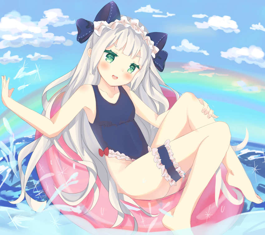 1girl :d bangs bare_arms bare_shoulders barefoot blue_bow blue_sky blue_swimsuit blush bow casual_one-piece_swimsuit clouds collarbone colored_eyelashes commentary day eyebrows_visible_through_hair frilled_swimsuit frills green_eyes hair_bow head_tilt highres innertube leg_garter long_hair mony ocean one-piece_swimsuit open_mouth original outdoors rainbow red_bow silver_hair sky smile solo swimsuit toenails upper_body very_long_hair water