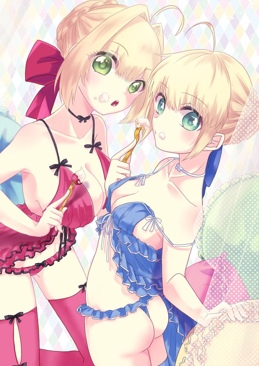 2girls absurdres ahoge aqua_eyes artoria_pendragon_(all) ass blonde_hair blue_legwear blue_panties blue_ribbon breasts cleavage collarbone cream cream_on_face eyebrows_visible_through_hair fate_(series) food food_on_face frilled_panties frills green_eyes hair_between_eyes hair_ribbon highres holding large_breasts lingerie multiple_girls negligee nero_claudius_(fate) nero_claudius_(fate)_(all) off_shoulder open_mouth panties red_legwear red_panties red_ribbon ribbon saber short_hair_with_long_locks sidelocks small_breasts thigh-highs underwear underwear_only