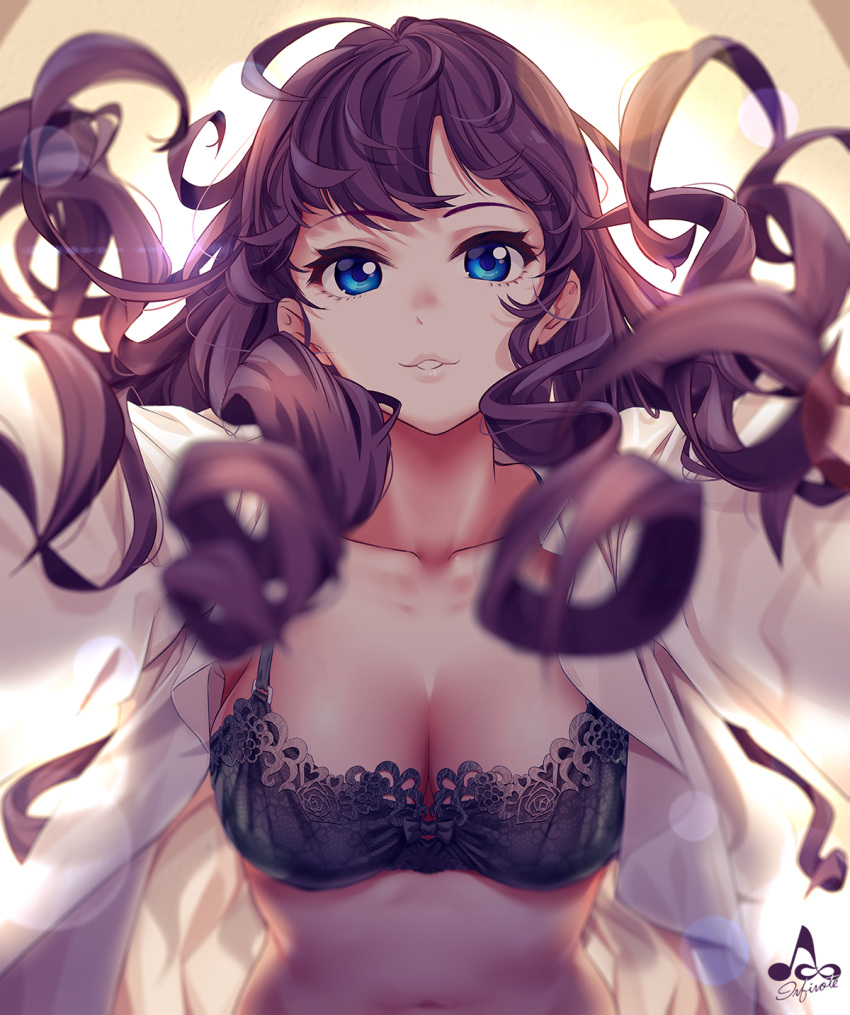 1girl ahoge artist_name backlighting black_bra blue_eyes blurry blurry_foreground bra breasts cleavage collarbone depth_of_field drill_hair eyebrows_visible_through_hair eyelashes highres ichinose_shiki idolmaster idolmaster_cinderella_girls infinote lens_flare lingerie lips long_hair long_sleeves looking_at_viewer navel open_clothes open_shirt outstretched_arms parted_lips pov purple_hair shirt solo stomach underwear upper_body very_long_hair white_shirt