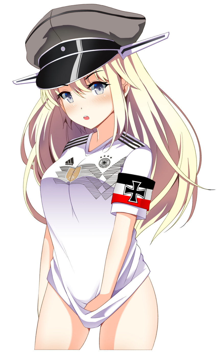 1girl 2018_fifa_world_cup absurdres adidas alternate_costume bismarck_(kantai_collection) blonde_hair blue_eyes bottomless breasts clothes_writing german germany hat highres imperial_german_flag iron_cross kantai_collection long_hair looking_at_viewer military_hat no_panties no_pants peaked_cap simple_background soccer soccer_uniform solo sportswear white_background world_cup