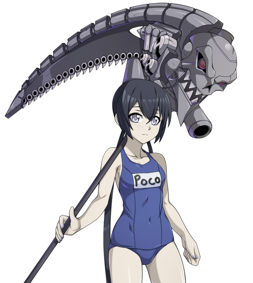 1girl ahoge black_hair blue_swimsuit breasts character_name covered_navel fearless_night fernandez_(fearless_night) grey_eyes highres huge_weapon living_weapon long_hair looking_at_viewer low_twintails official_art one-piece_swimsuit over_shoulder pale_skin poco_muerte school_swimsuit scythe small_breasts solo spike_wible swimsuit twintails weapon weapon_over_shoulder