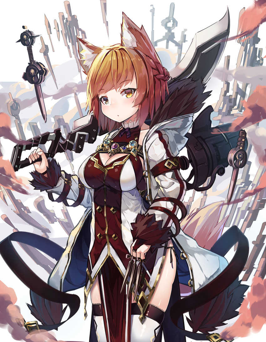 1girl animal_ears braid breast_cutout breasts cat_ears coat commentary_request cowboy_shot highres holding holding_knife holding_sword holding_weapon hood knife long_sleeves medium_breasts natori_youkai open_clothes orange_eyes orange_hair original over_shoulder panties short_hair side-tie_panties slit_pupils solo sword sword_over_shoulder thigh-highs thighs underwear weapon weapon_over_shoulder