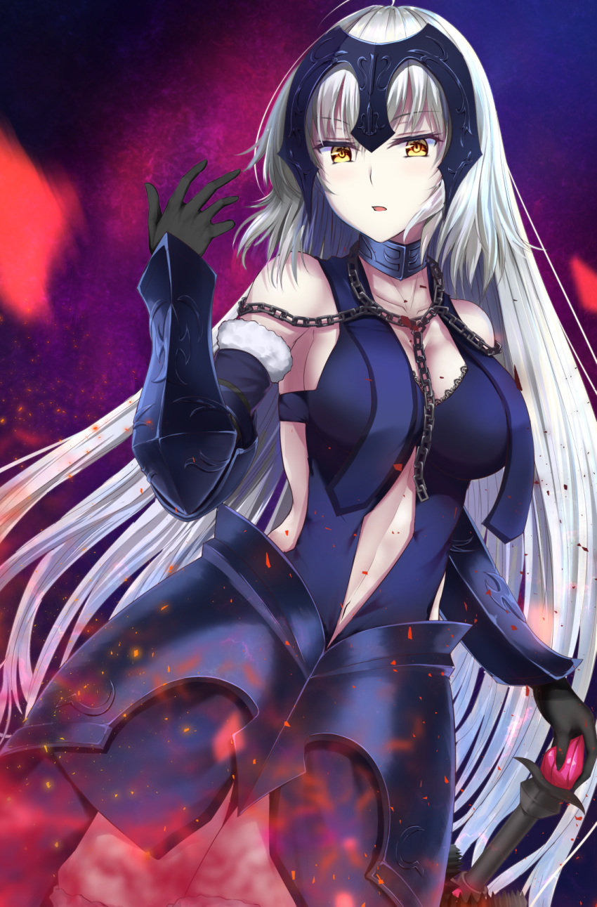 1girl ahoge armor armored_dress black_gloves blue_dress breasts chains cleavage collarbone cowboy_shot dress elbow_gloves eyebrows_visible_through_hair fate/grand_order fate_(series) floating_hair fur_trim gloves highres holding holding_sword holding_weapon jeanne_d'arc_(alter)_(fate) jeanne_d'arc_(fate)_(all) long_hair medium_breasts midriff navel open_mouth primamiya sideboob silver_hair sleeveless sleeveless_dress solo standing stomach sword very_long_hair weapon yellow_eyes