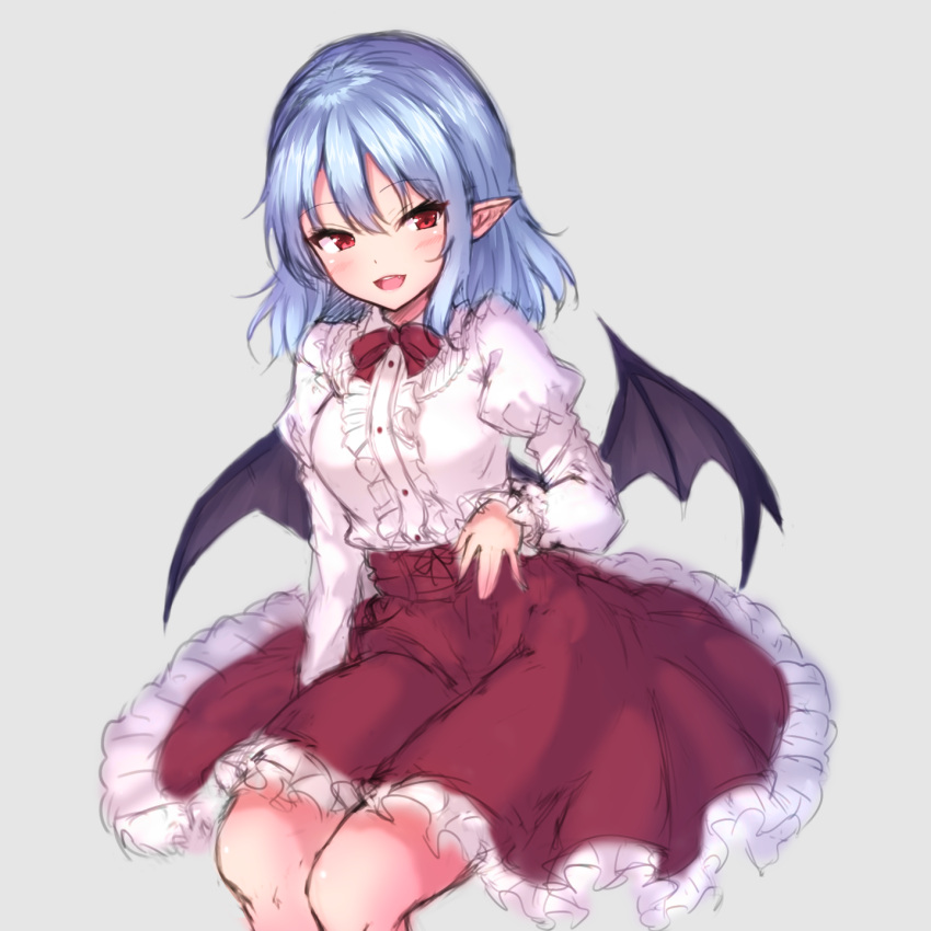 1girl :d alternate_costume arm_at_side bangs bat_wings blue_hair blush breasts center_frills eyebrows_visible_through_hair feet_out_of_frame frilled_skirt frills grey_background high-waist_skirt highres invisible_chair junior27016 long_sleeves looking_at_viewer medium_breasts medium_hair medium_skirt neck_ribbon open_mouth pointy_ears red_eyes red_neckwear red_ribbon remilia_scarlet ribbon shiny shiny_hair shirt simple_background sitting sketh skirt smile solo touhou tsurime white_shirt wings