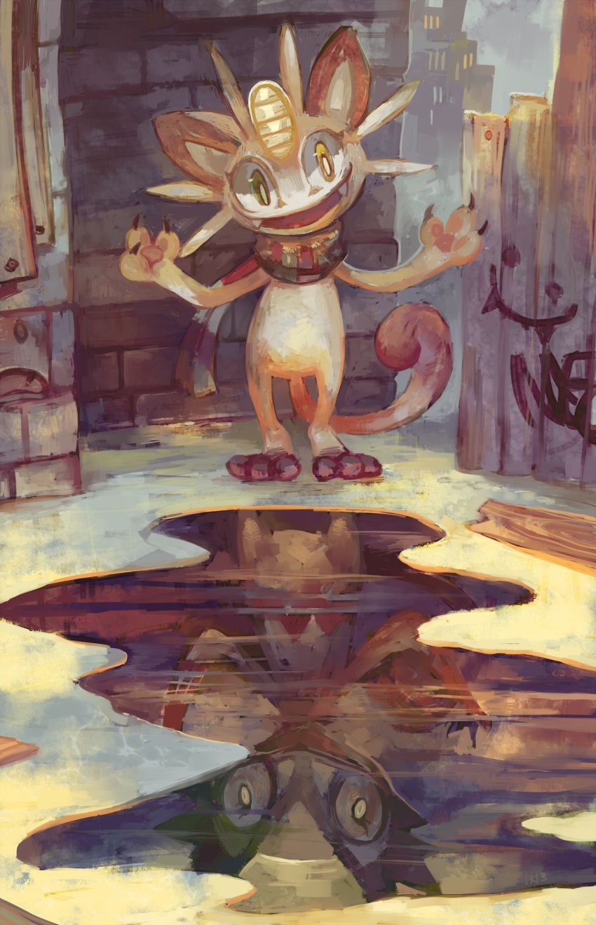 building claws clothed_pokemon commentary creature eyelashes fangs full_body glitchedpuppet graffiti grin hands_up head_tilt highres kecleon meowth no_humans outdoors pokemon_(creature) reflection scarf smile standing water yellow_eyes