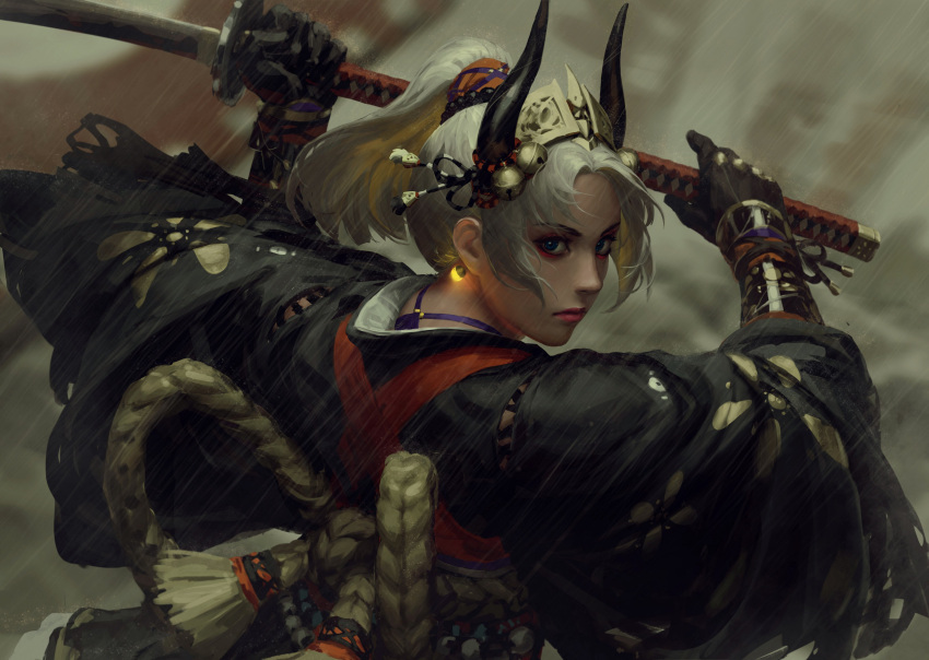 1girl absurdres bell blue_eyes closed_mouth eyeshadow from_behind gloves guweiz hands_up headpiece highres holding horns jingle_bell katana long_sleeves looking_at_viewer looking_back makeup original ponytail rain solo sword two-handed weapon