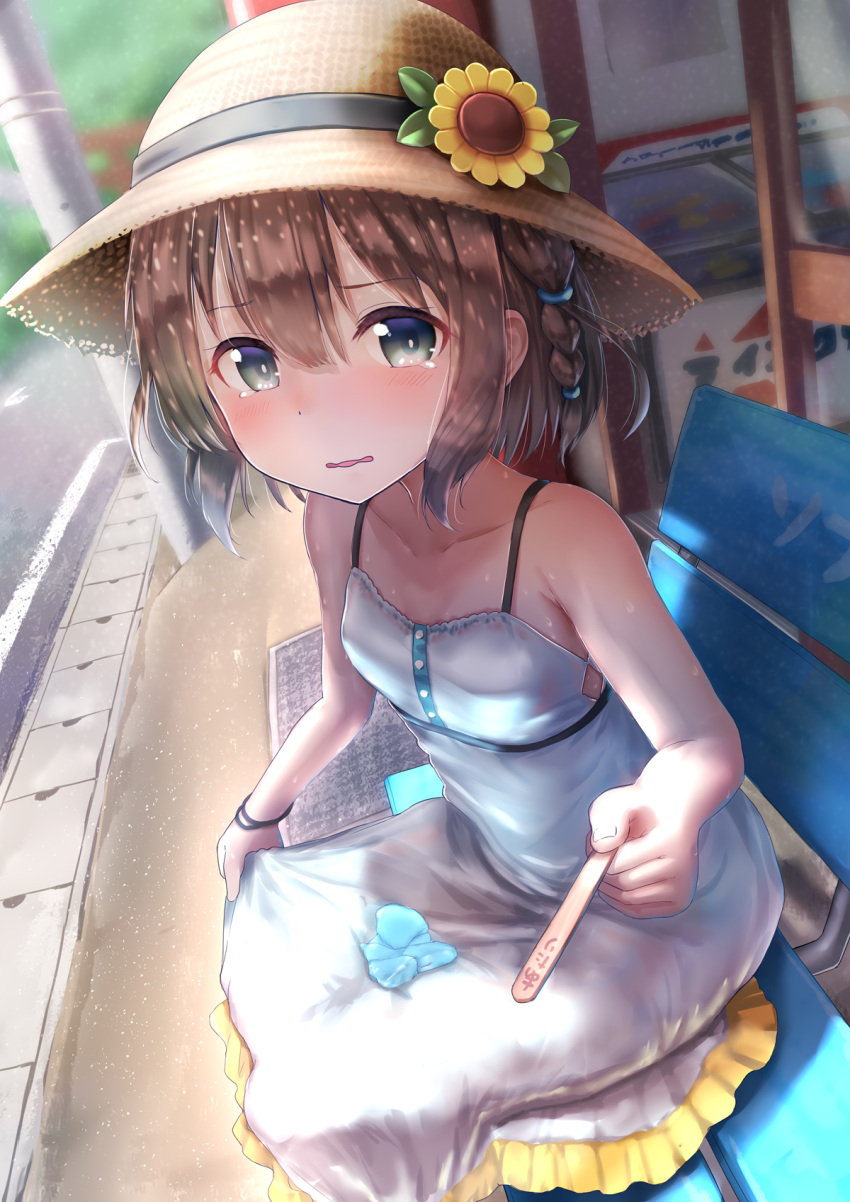 1girl bare_shoulders blurry blurry_background blush braid bright_pupils collarbone dappled_sunlight dress failure fisheye flower food frilled_dress frills green_eyes hat highres holding ice_cream kachayori looking_at_viewer moe2018 on_lap open_mouth original outdoors popsicle_stick side_braid sitting sleeveless sleeveless_dress solo storefront summer sun_hat sundress sunflower sunlight sweat tearing_up tears wavy_mouth white_dress