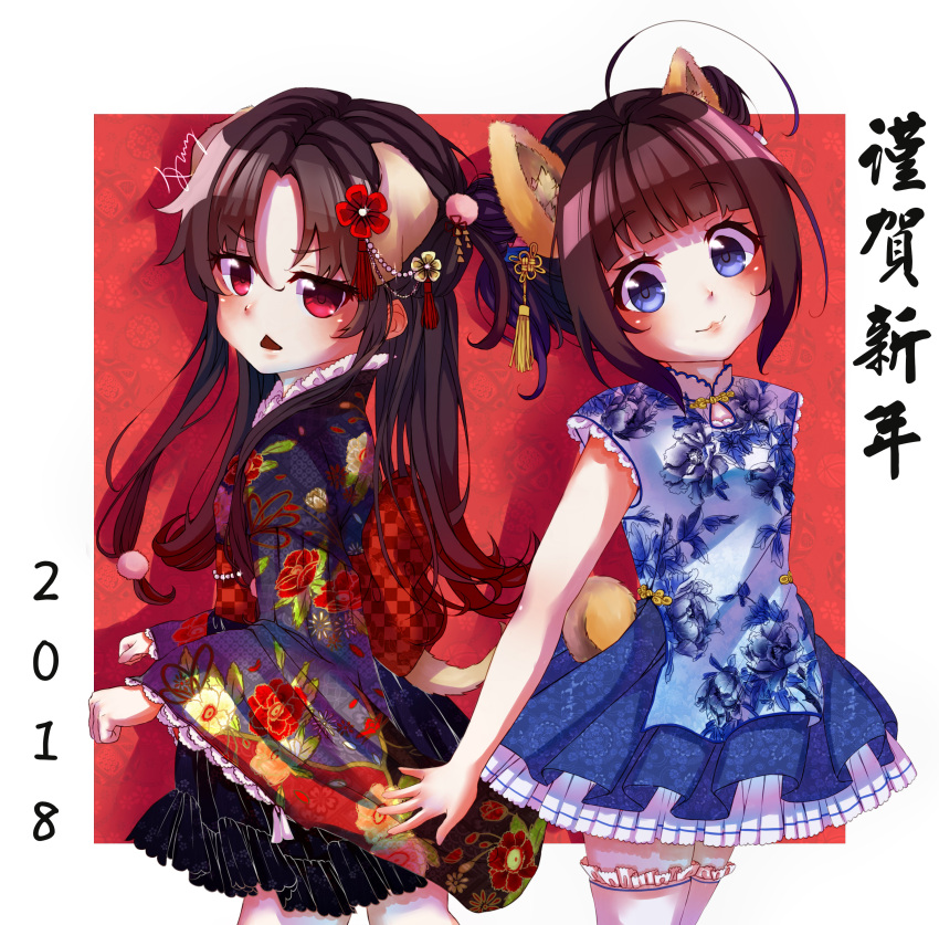 2018 2girls :3 absurdres animal_ears bangs black_kimono black_skirt blue_dress blue_eyes blue_skirt blunt_bangs blush brown_hair checkered china_dress chinese_clothes closed_mouth commentary_request dog_ears dog_girl dog_tail dress eyebrows_visible_through_hair floral_print gradient_hair hair_between_eyes head_tilt highres hinatsuru_ai japanese_clothes kimono long_hair looking_at_viewer looking_to_the_side multicolored_hair multiple_girls obi parted_lips pleated_skirt print_dress print_kimono red_eyes redhead ryuuou_no_oshigoto! sash signature skirt tail thigh-highs translated tung_tung unmoving_pattern white_legwear yashajin_ai