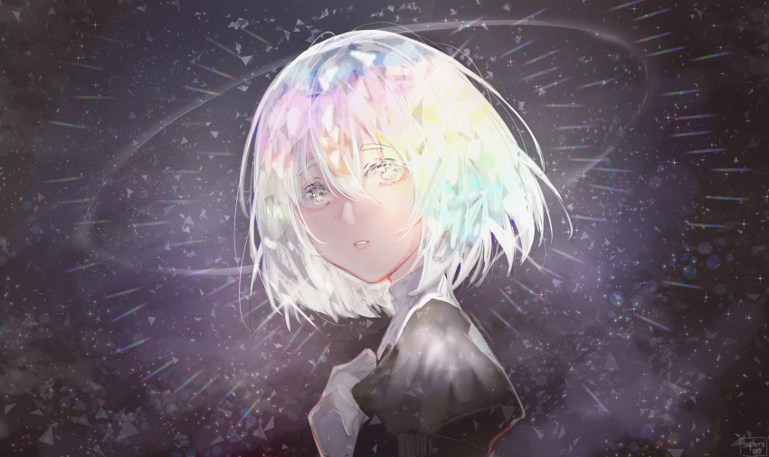 androgynous diamond_(houseki_no_kuni) gem_uniform_(houseki_no_kuni) highres houseki_no_kuni looking_at_viewer multicolored multicolored_eyes multicolored_hair rainbow_eyes rainbow_hair short_hair solo