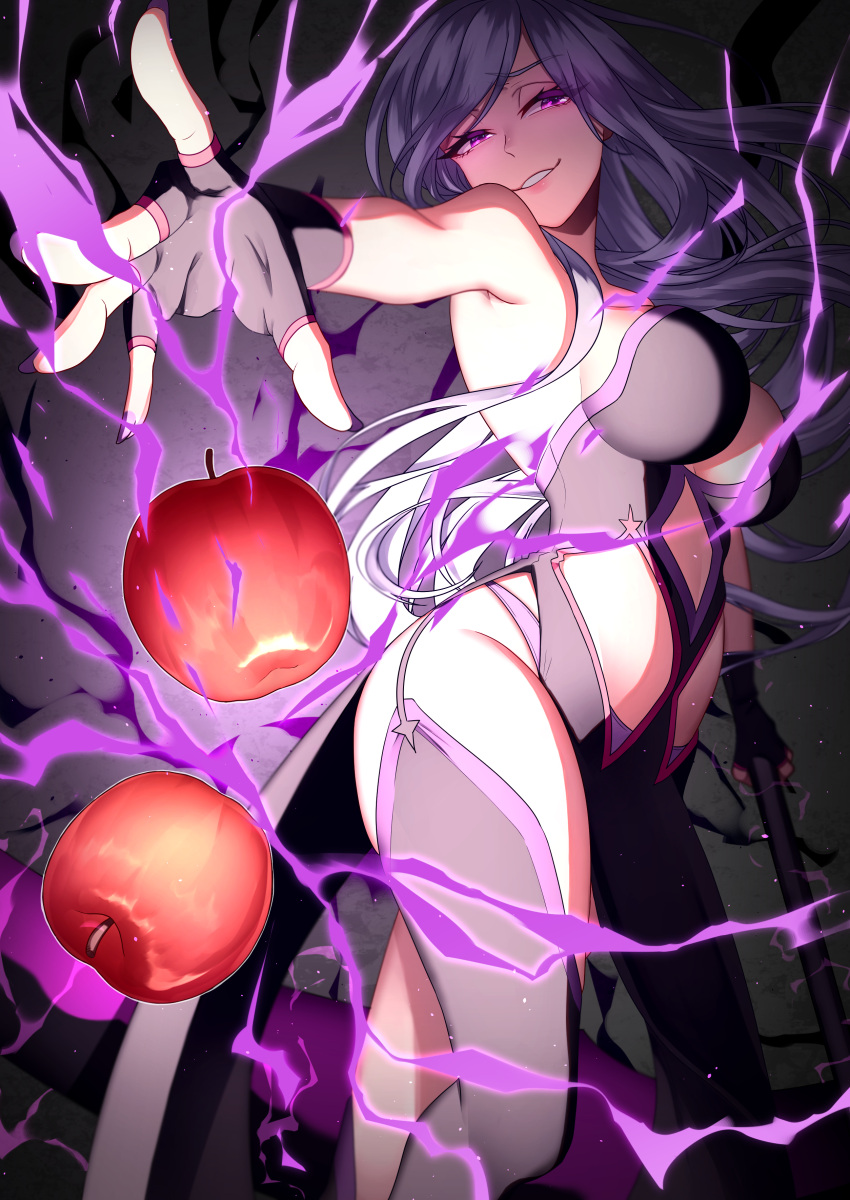 1girl absurdres apple breasts fingerless_gloves food forute_na fruit garter_straps gloves highres large_breasts leotard long_hair looking_at_viewer magic nail_polish original panties parted_lips purple_nails purple_panties revealing_clothes shinigami silver_hair smile solo strapless strapless_leotard thigh-highs underwear very_long_hair violet_eyes
