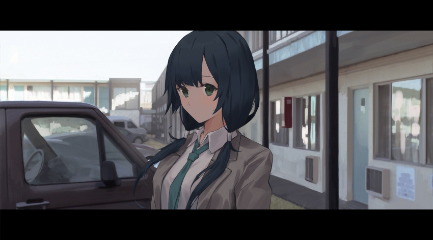 1girl bangs black_hair blush building car closed_mouth collared_shirt day eyebrows_visible_through_hair gh_(chen_ghh) green_eyes green_neckwear grey_jacket ground_vehicle highres jacket letterboxed long_hair low_twintails motor_vehicle necktie open_clothes open_jacket outdoors shirobako shirt solo sunlight twintails upper_body white_shirt wind wing_collar
