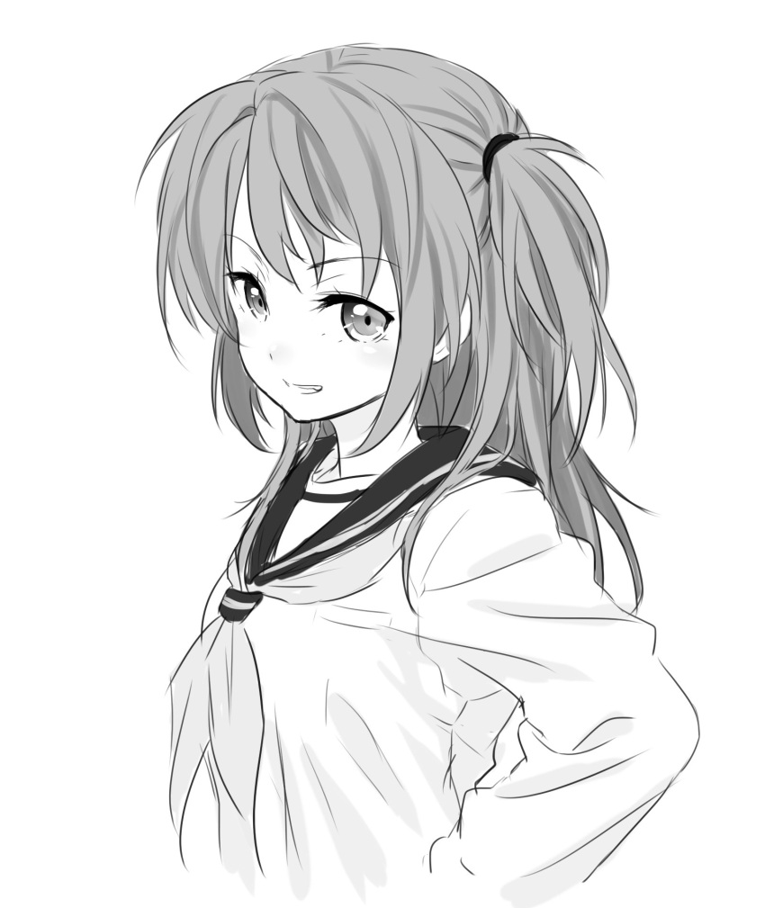 1girl bangs commentary_request copyright_request eyebrows_visible_through_hair greyscale highres long_hair long_sleeves looking_at_viewer monochrome neckerchief onsoku_maru sailor_collar school_uniform serafuku shirt simple_background smile solo twintails upper_body white_background