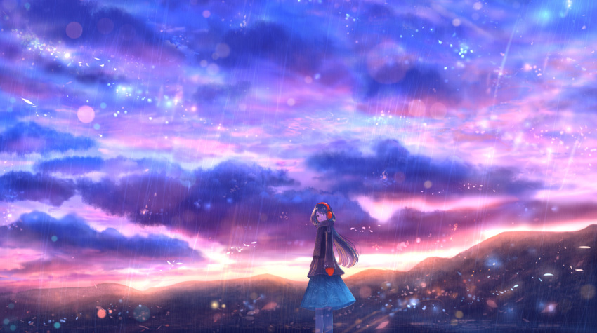 1girl blue_hair blue_skirt clouds cloudy_sky commentary_request from_side horizon lens_flare long_sleeves looking_at_viewer looking_to_the_side mittens mountainous_horizon multicolored multicolored_sky original outdoors ponytail rain sakimori_(hououbds) skirt sky solo standing