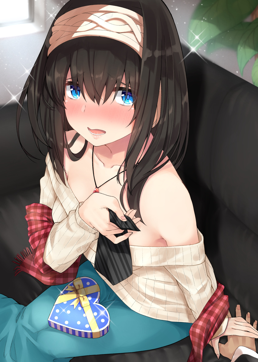 1girl absurdres bangs bare_shoulders black_hair blue_eyes blue_skirt blush box breasts collarbone eyebrows_visible_through_hair gift gift_box go-1 hair_between_eyes hairband heart-shaped_box highres idolmaster idolmaster_cinderella_girls jewelry long_hair looking_at_viewer medium_breasts necklace off-shoulder_sweater open_mouth ribbed_sweater sagisawa_fumika shawl sitting skirt solo_focus sparkle sweater white_sweater