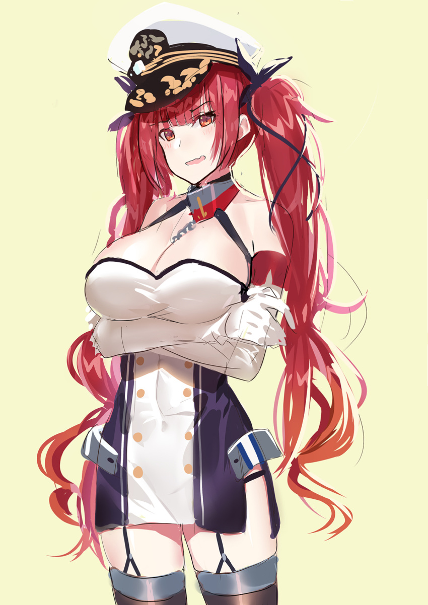 1girl :d azur_lane bangs bare_shoulders black_ribbon blunt_bangs blush breasts brown_legwear cleavage collar cowboy_shot double-breasted dress echj elbow_gloves garter_straps gloves hair_ribbon hat highres honolulu_(azur_lane) large_breasts legs_apart long_hair open_mouth peaked_cap red_eyes redhead ribbon side_slit simple_background sketch smile solo standing thigh-highs twintails very_long_hair wavy_mouth white_dress white_gloves white_hat yellow_background zettai_ryouiki