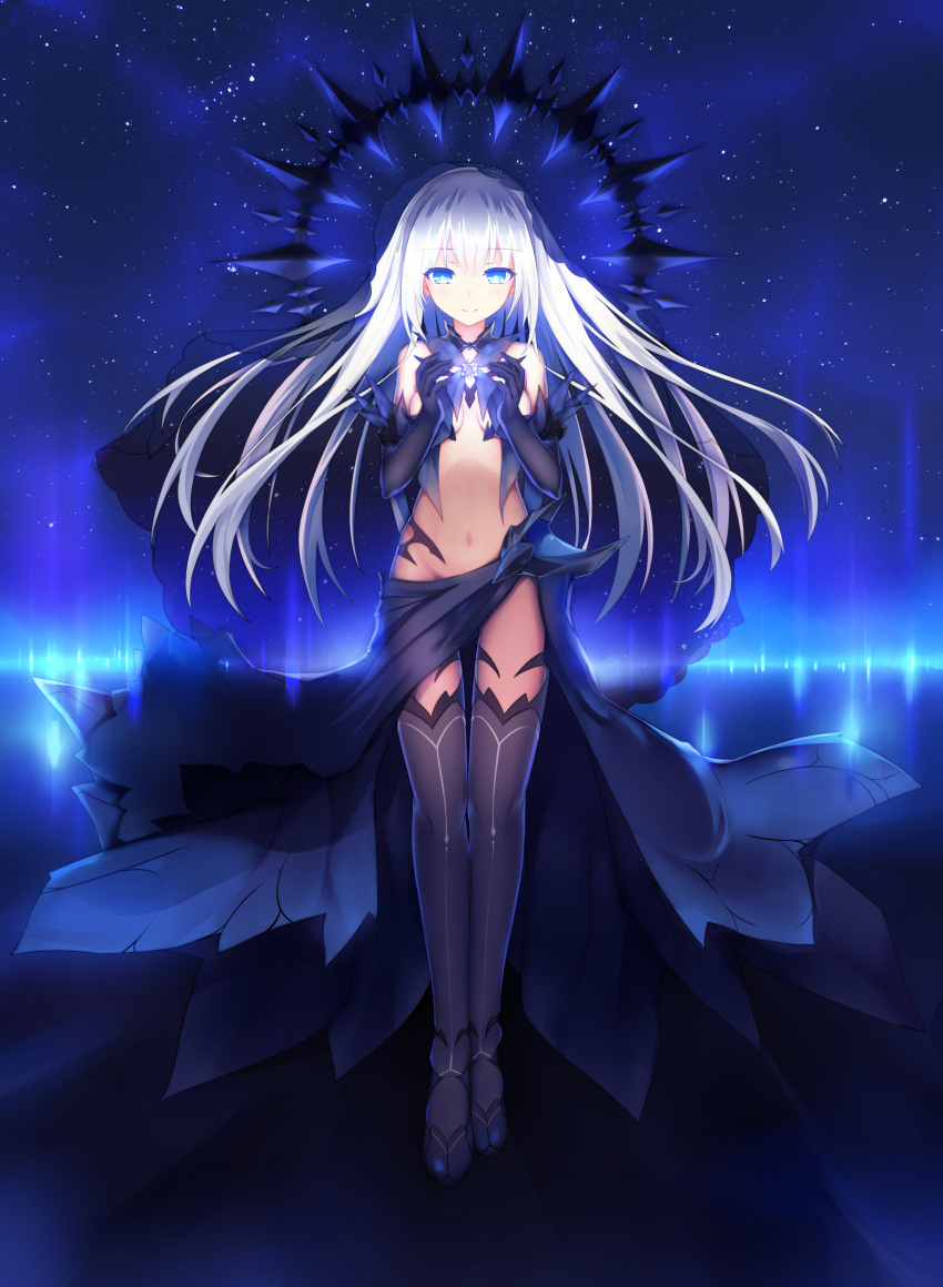 1girl absurdres aoi_kao_(lsz7106) bare_shoulders blue_bow blue_dress blue_eyes blue_gloves blue_legwear bow breasts commentary_request date_a_live dress elbow_gloves full_body gloves habit halo highres long_hair navel revealing_clothes silver_hair small_breasts smile solo thigh-highs tobiichi_origami very_long_hair