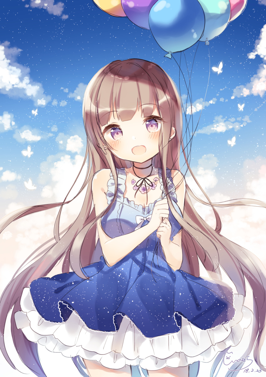 1girl :d absurdres balloon bangs bare_arms bare_shoulders blue_dress blue_sky blunt_bangs blush bow breasts brown_hair butterfly cleavage clouds commentary_request dated dress eyebrows_visible_through_hair highres holding holding_balloon long_hair looking_at_viewer medium_breasts open_mouth original own_hands_together shiino_sera signature sky sleeveless sleeveless_dress smile solo upper_teeth very_long_hair violet_eyes white_bow