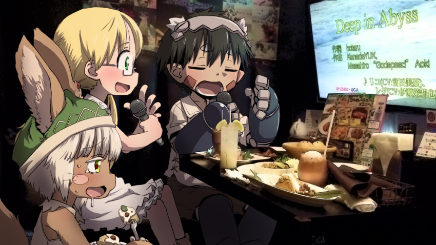 1boy 2girls animal_ears black_hair blonde_hair drink drooling eating furry glasses green_eyes hat karaoke made_in_abyss mechanical_arm microphone multiple_girls music nanachi_(made_in_abyss) photo_background pointy_ears regu_(made_in_abyss) riko_(made_in_abyss) singing uchuu_ika white_hair